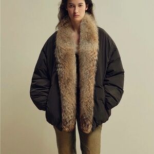 Firelady Fur Goose Down Jacket with Detachable Wolf Fur Trim black small NWT